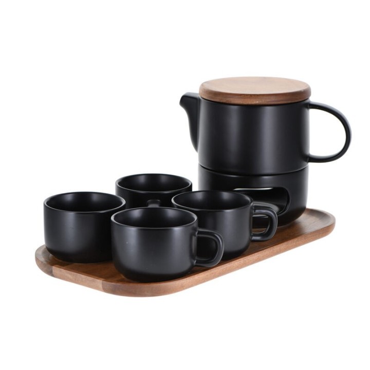 Juego de tetera de cerámica de 650 ml + taza de 200 ml + bandeja de madera
