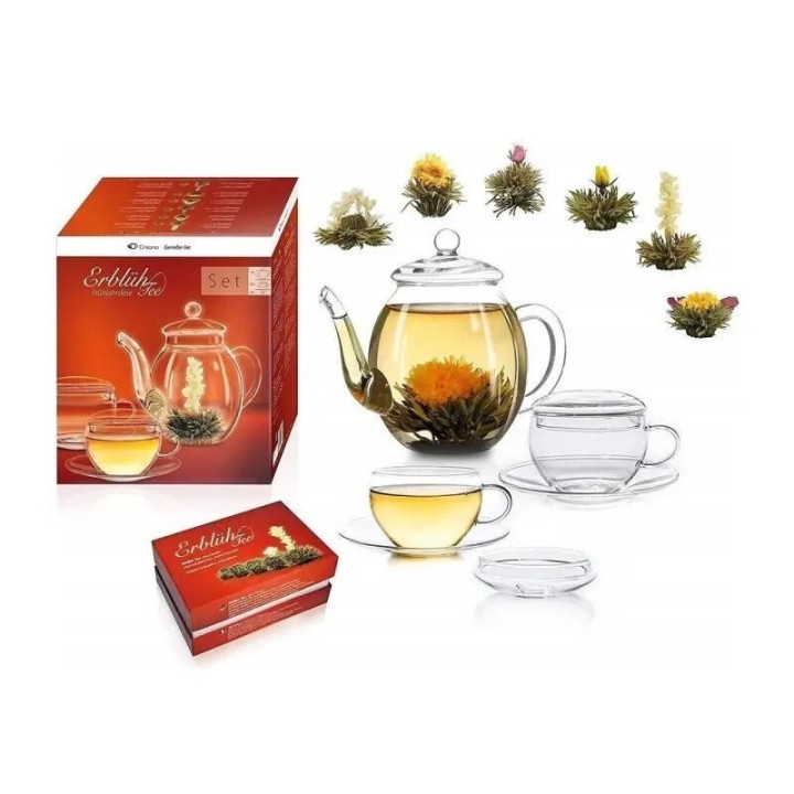 Conjunto Creano - Tetera de 500 ml + 2 tazas de 200 ml + 6 flores de té - pack premium