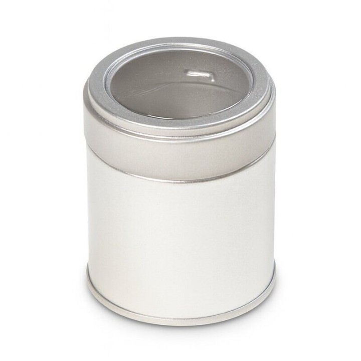 Lata redonda plateada con tapa y visor - 30 g